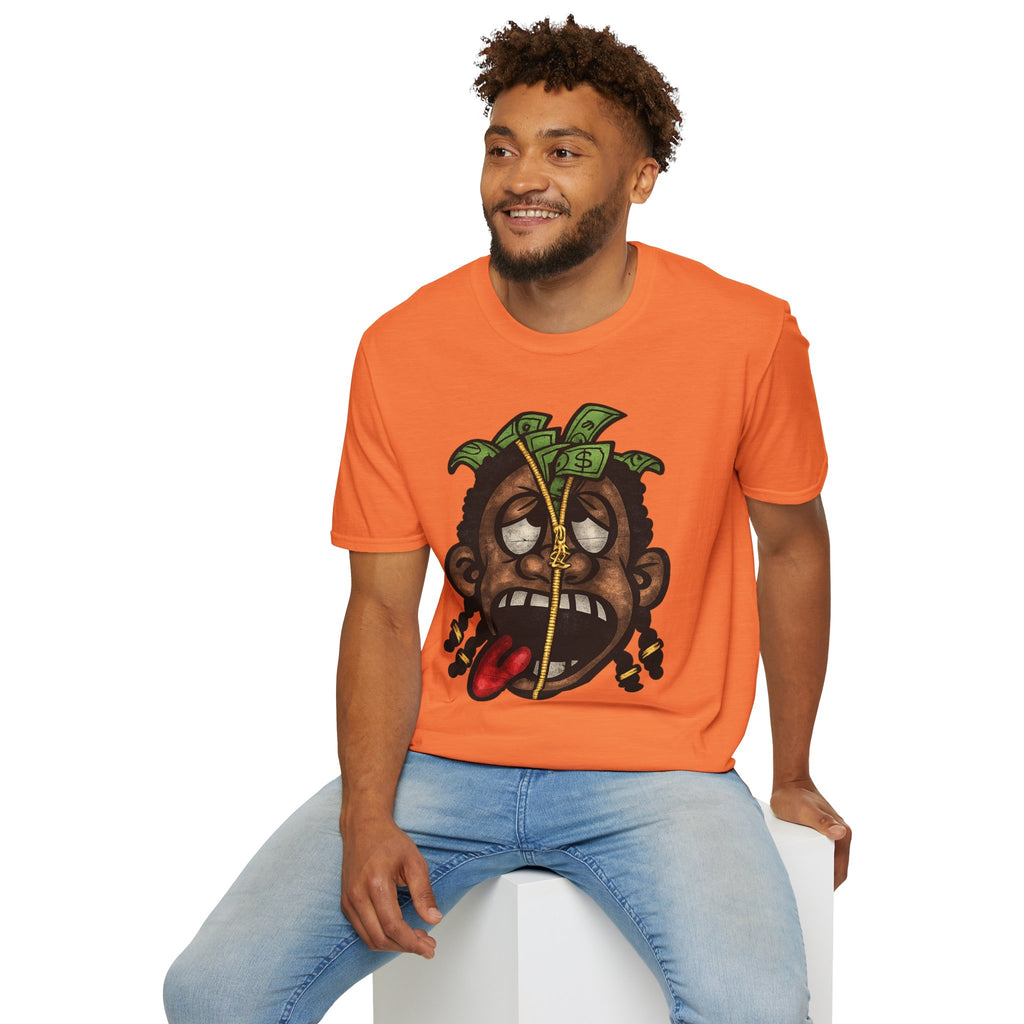 Money Face Graphic T-Shirt | Cartoon Head with Cash and Necklace