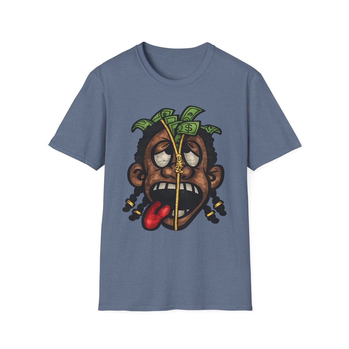 Money Face Graphic T-Shirt | Cartoon Head with Cash and Necklace