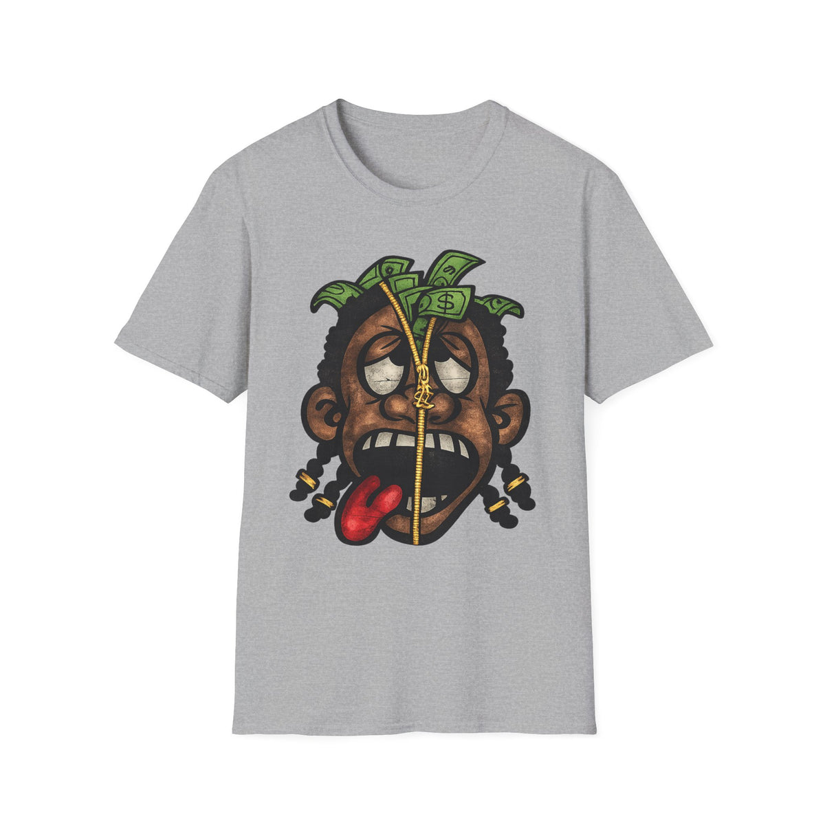 Money Face Graphic T-Shirt | Cartoon Head with Cash and Necklace