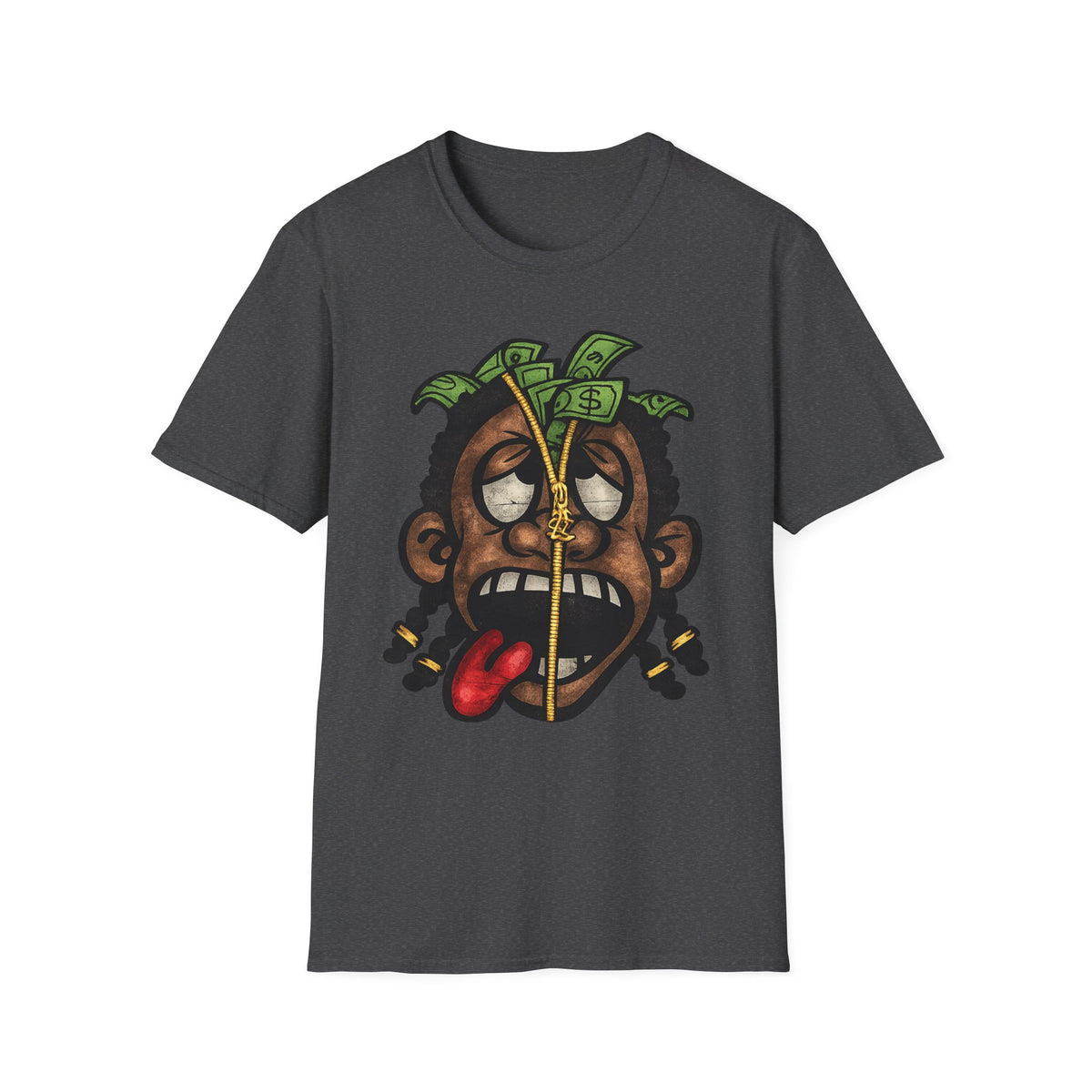 Money Face Graphic T-Shirt | Cartoon Head with Cash and Necklace