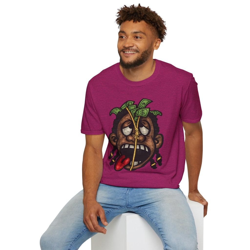 Money Face Graphic T-Shirt | Cartoon Head with Cash and Necklace