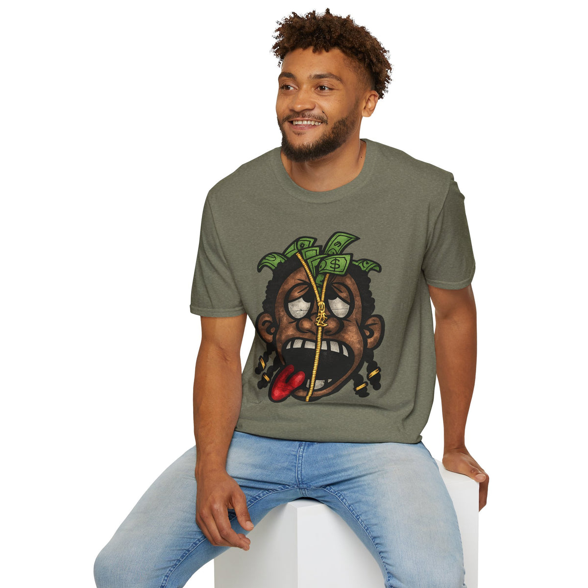 Money Face Graphic T-Shirt | Cartoon Head with Cash and Necklace
