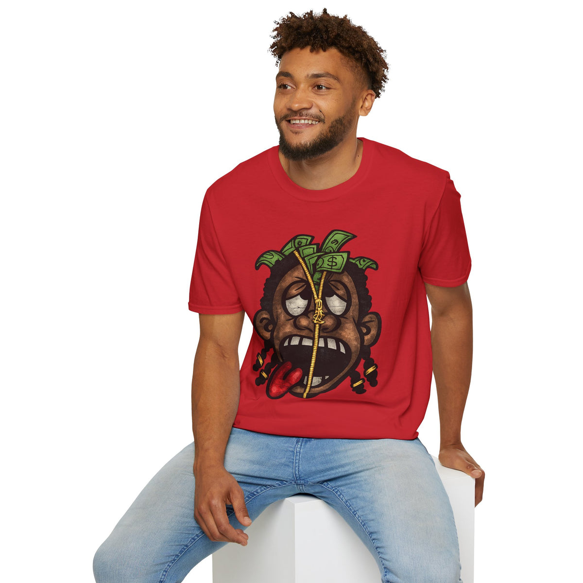 Money Face Graphic T-Shirt | Cartoon Head with Cash and Necklace