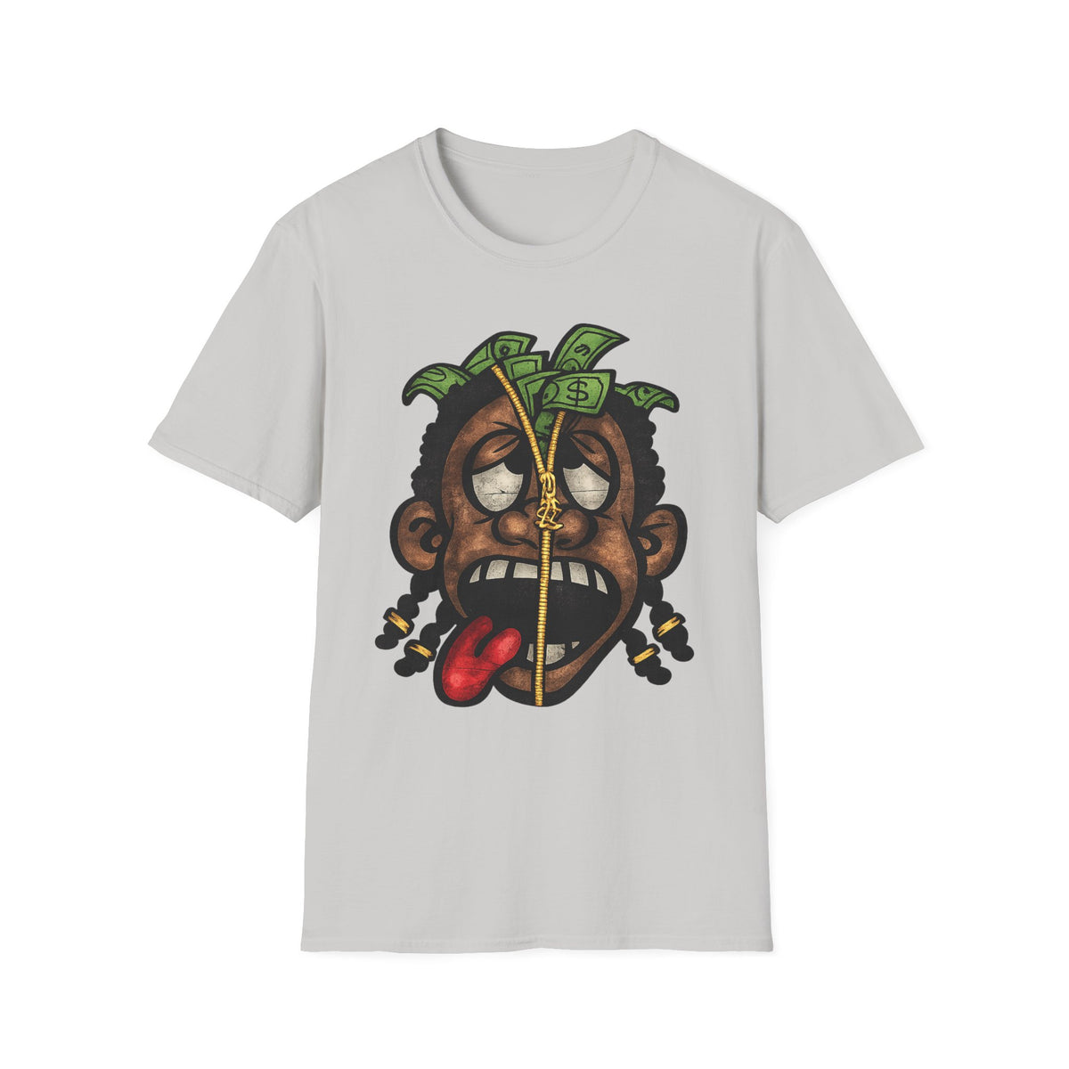 Money Face Graphic T-Shirt | Cartoon Head with Cash and Necklace
