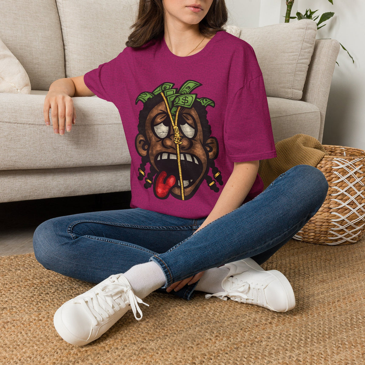 Money Face Graphic T-Shirt | Cartoon Head with Cash and Necklace