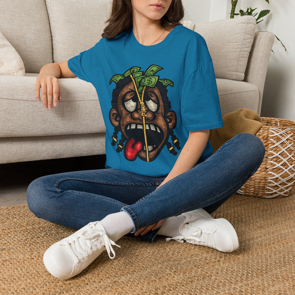 Money Face Graphic T-Shirt | Cartoon Head with Cash and Necklace