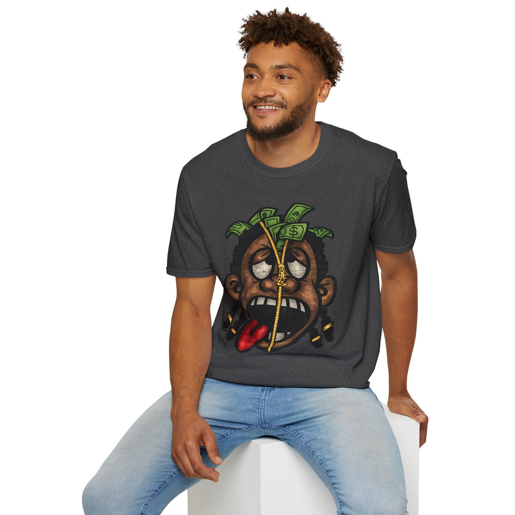 Money Face Graphic T-Shirt | Cartoon Head with Cash and Necklace