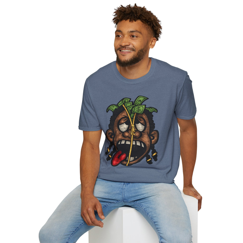 Money Face Graphic T-Shirt | Cartoon Head with Cash and Necklace