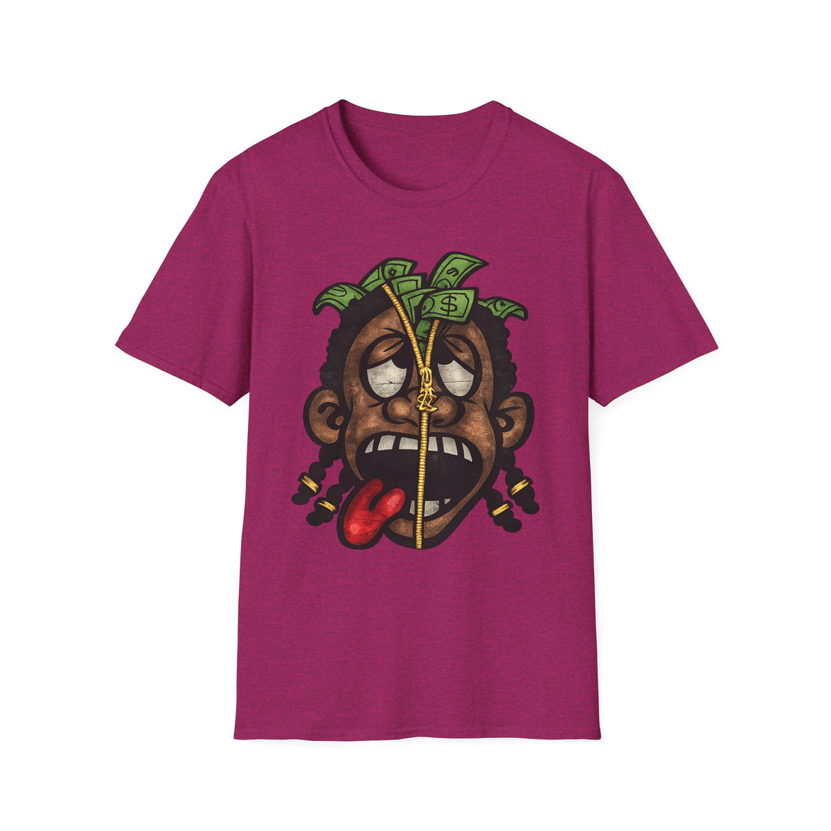 Money Face Graphic T-Shirt | Cartoon Head with Cash and Necklace