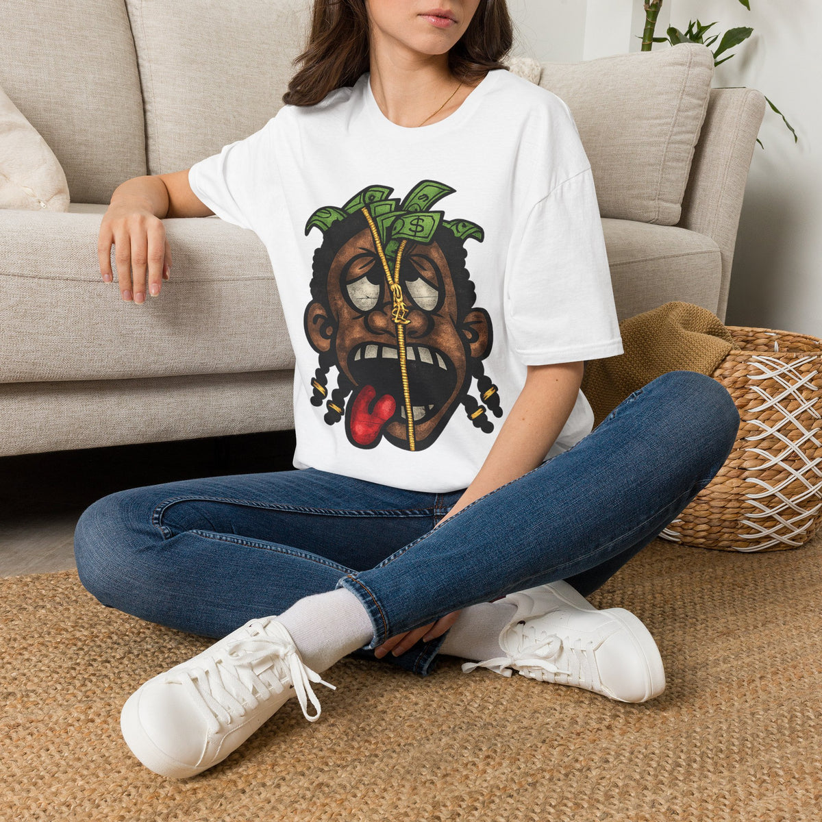 Money Face Graphic T-Shirt | Cartoon Head with Cash and Necklace