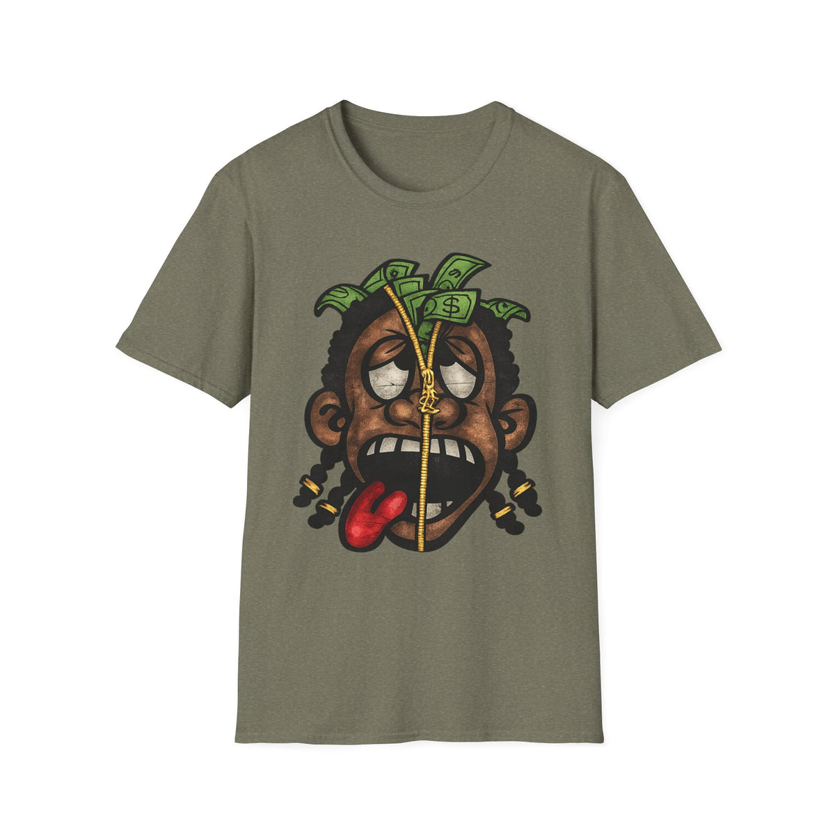 Money Face Graphic T-Shirt | Cartoon Head with Cash and Necklace