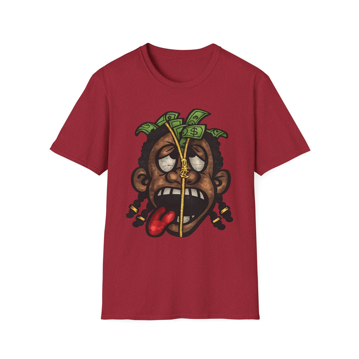 Money Face Graphic T-Shirt | Cartoon Head with Cash and Necklace