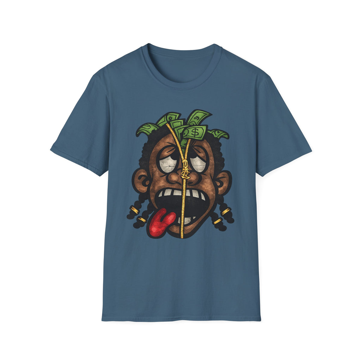 Money Face Graphic T-Shirt | Cartoon Head with Cash and Necklace