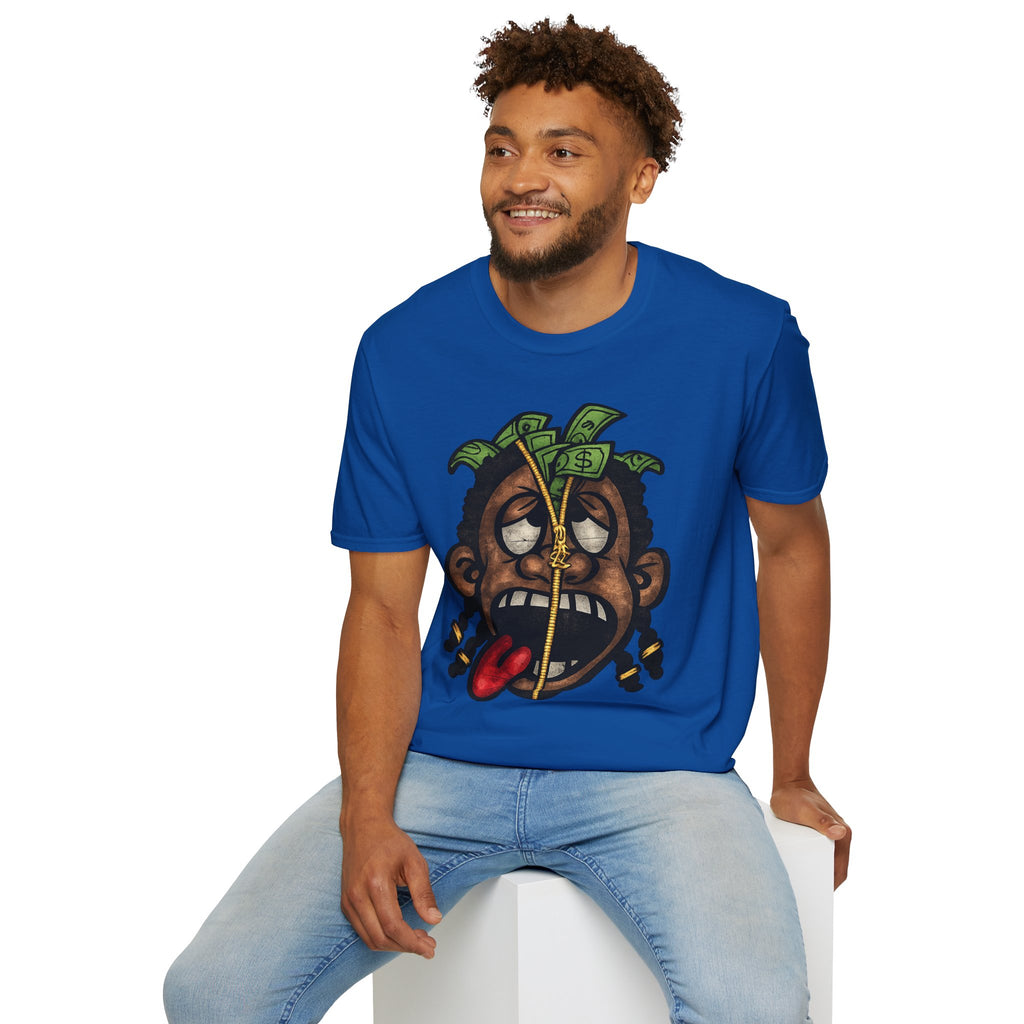 Money Face Graphic T-Shirt | Cartoon Head with Cash and Necklace