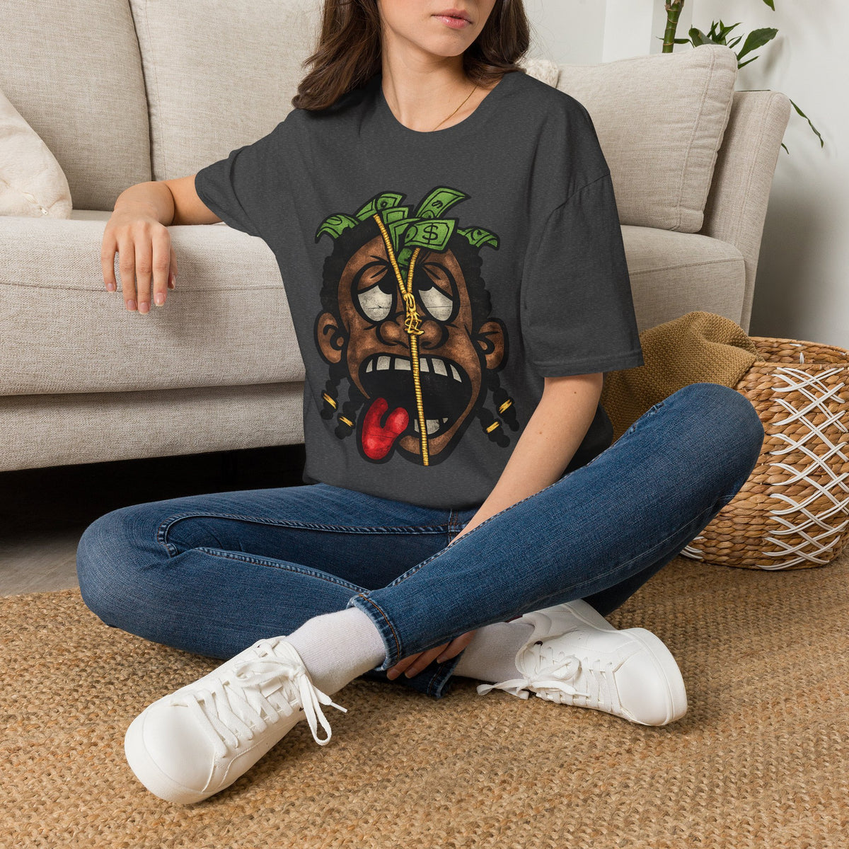Money Face Graphic T-Shirt | Cartoon Head with Cash and Necklace