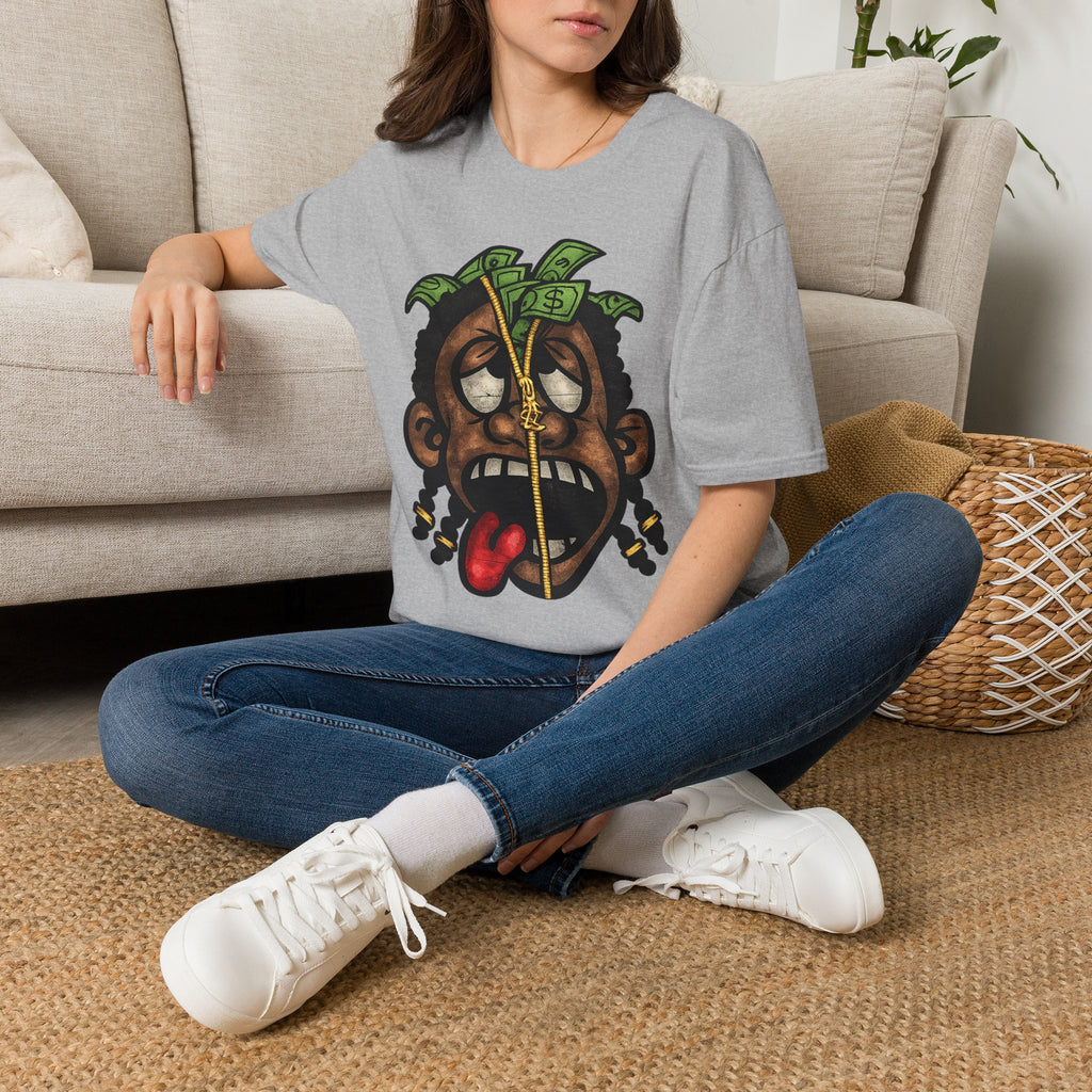 Money Face Graphic T-Shirt | Cartoon Head with Cash and Necklace