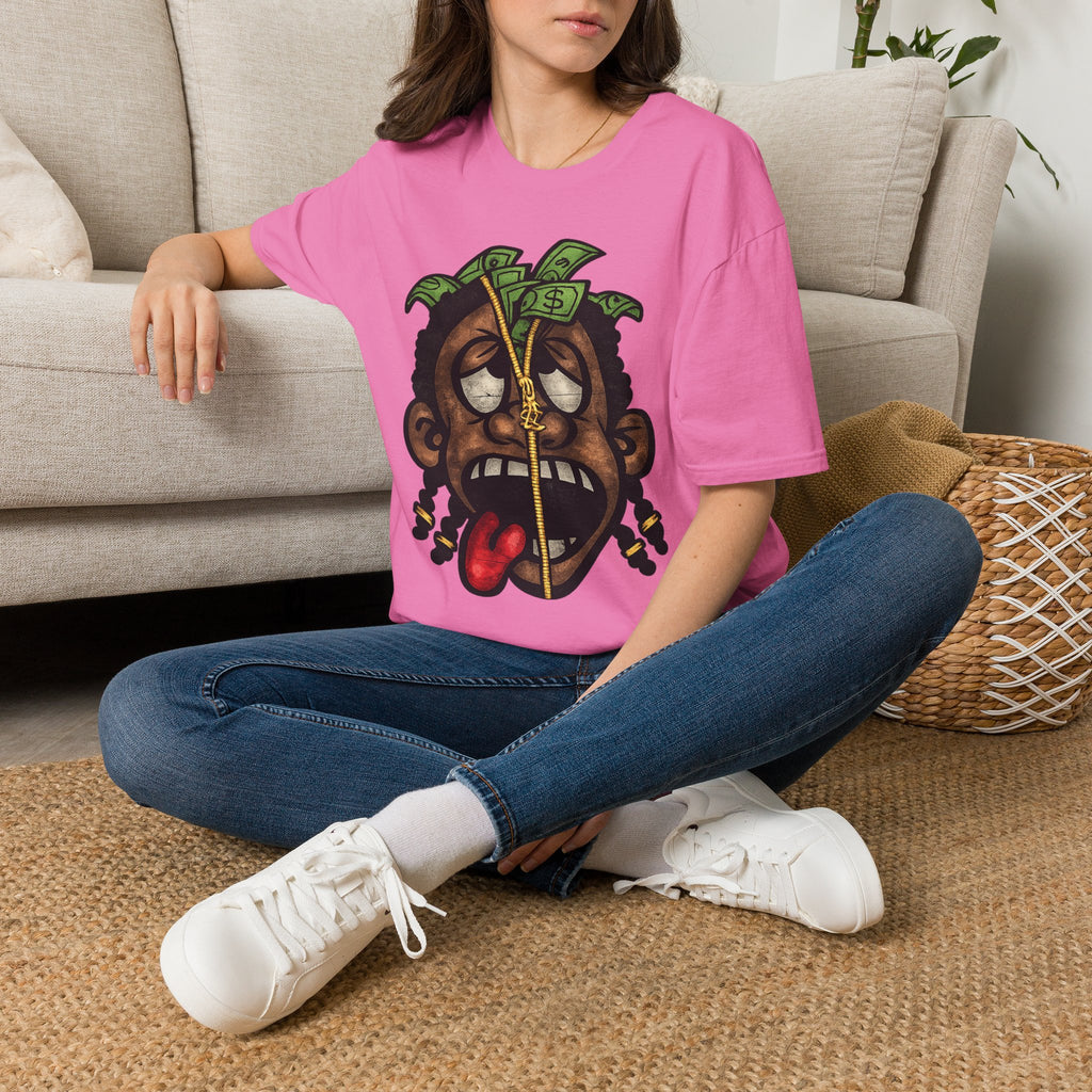 Money Face Graphic T-Shirt | Cartoon Head with Cash and Necklace