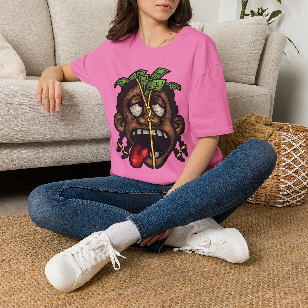 Money Face Graphic T-Shirt | Cartoon Head with Cash and Necklace
