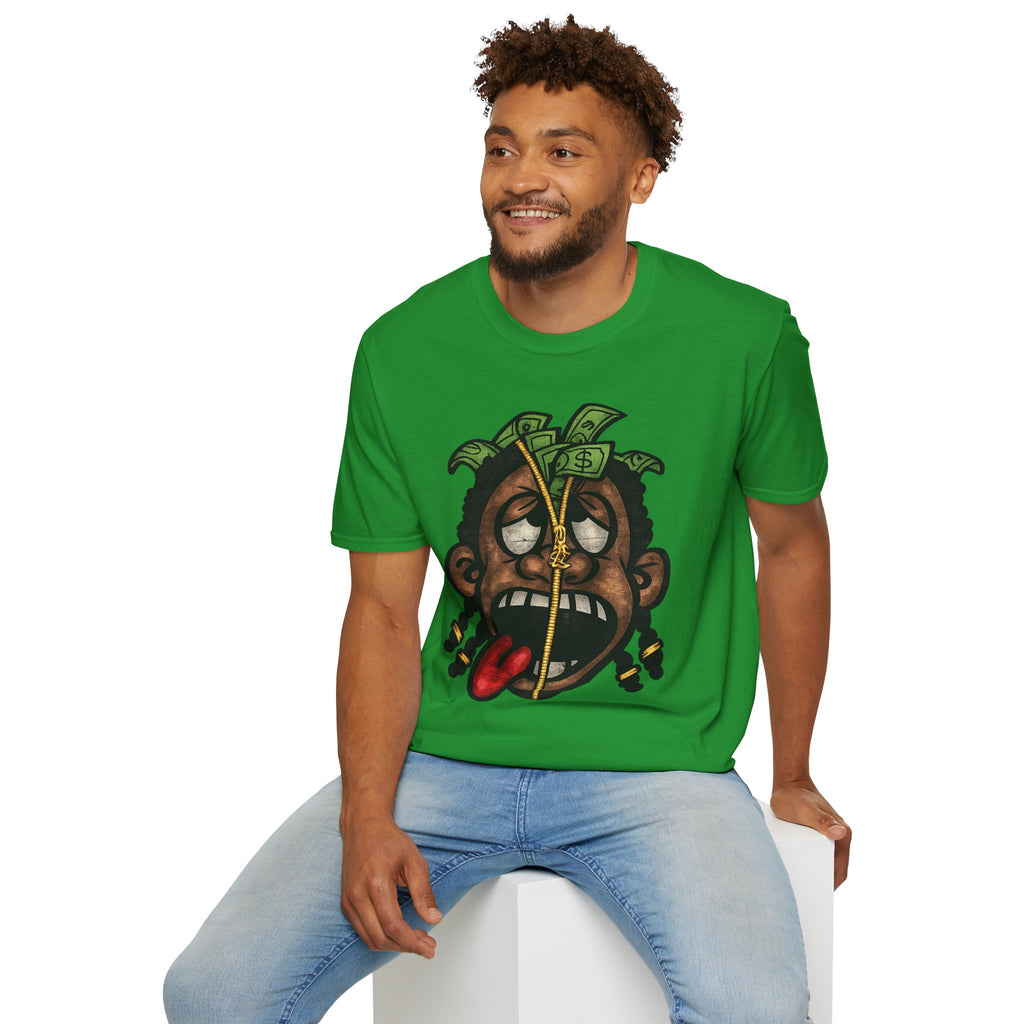Money Face Graphic T-Shirt | Cartoon Head with Cash and Necklace