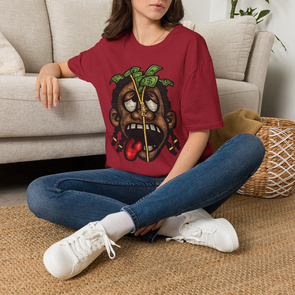 Money Face Graphic T-Shirt | Cartoon Head with Cash and Necklace