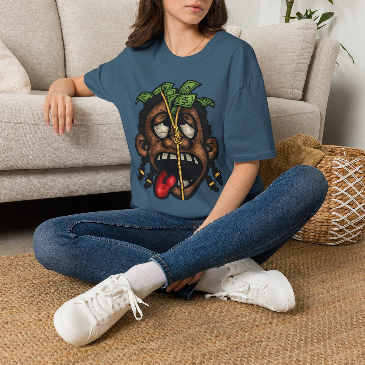 Money Face Graphic T-Shirt | Cartoon Head with Cash and Necklace