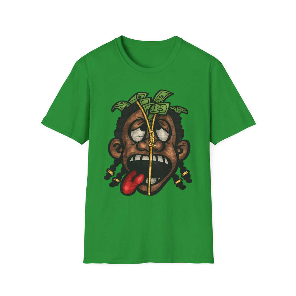 Money Face Graphic T-Shirt | Cartoon Head with Cash and Necklace