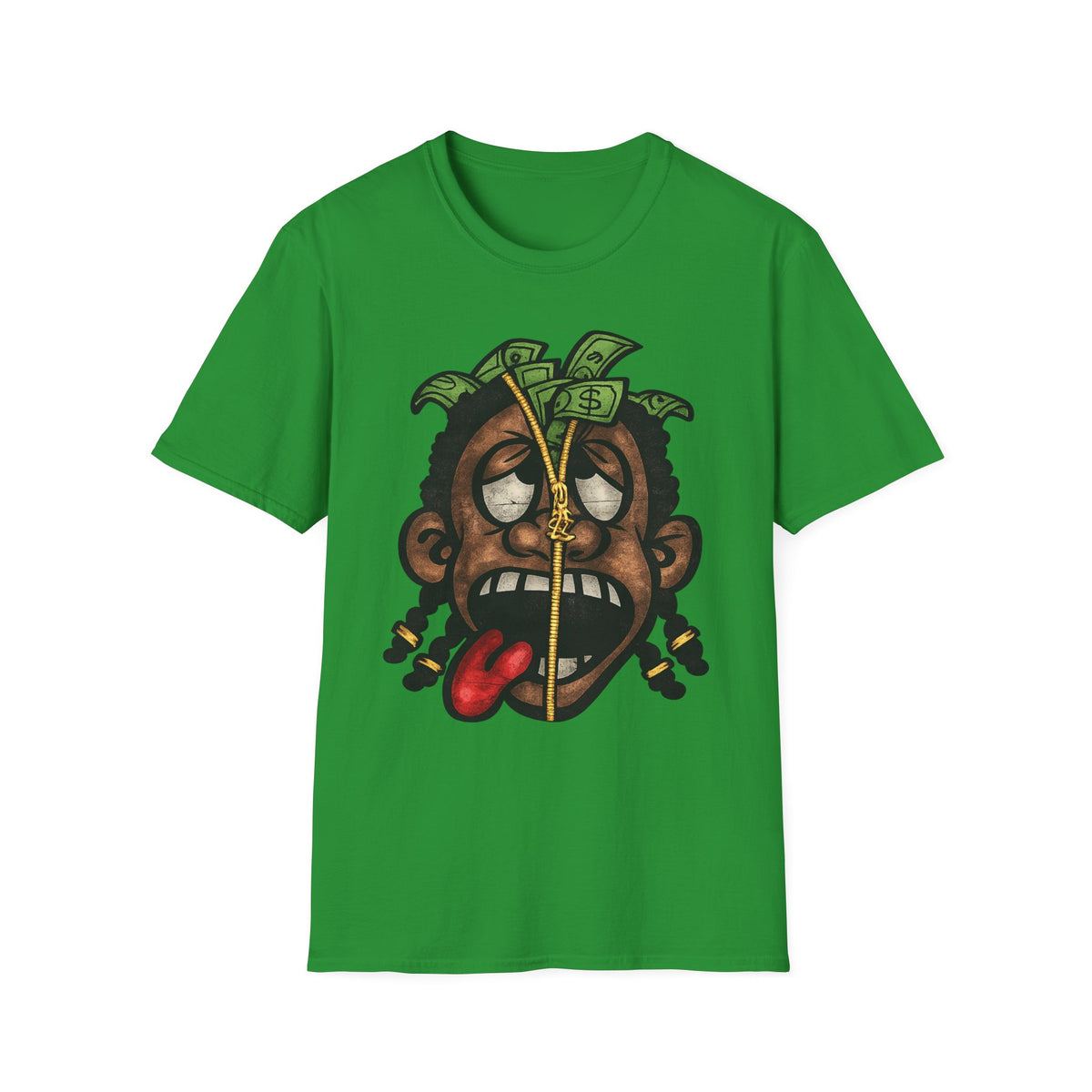 Money Face Graphic T-Shirt | Cartoon Head with Cash and Necklace