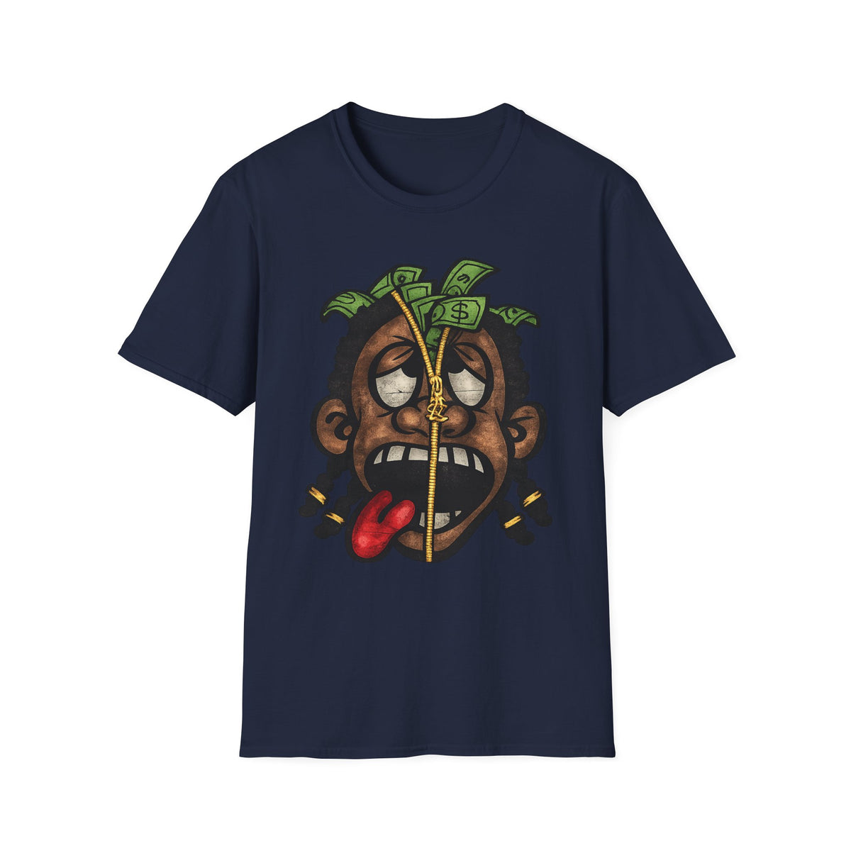 Money Face Graphic T-Shirt | Cartoon Head with Cash and Necklace