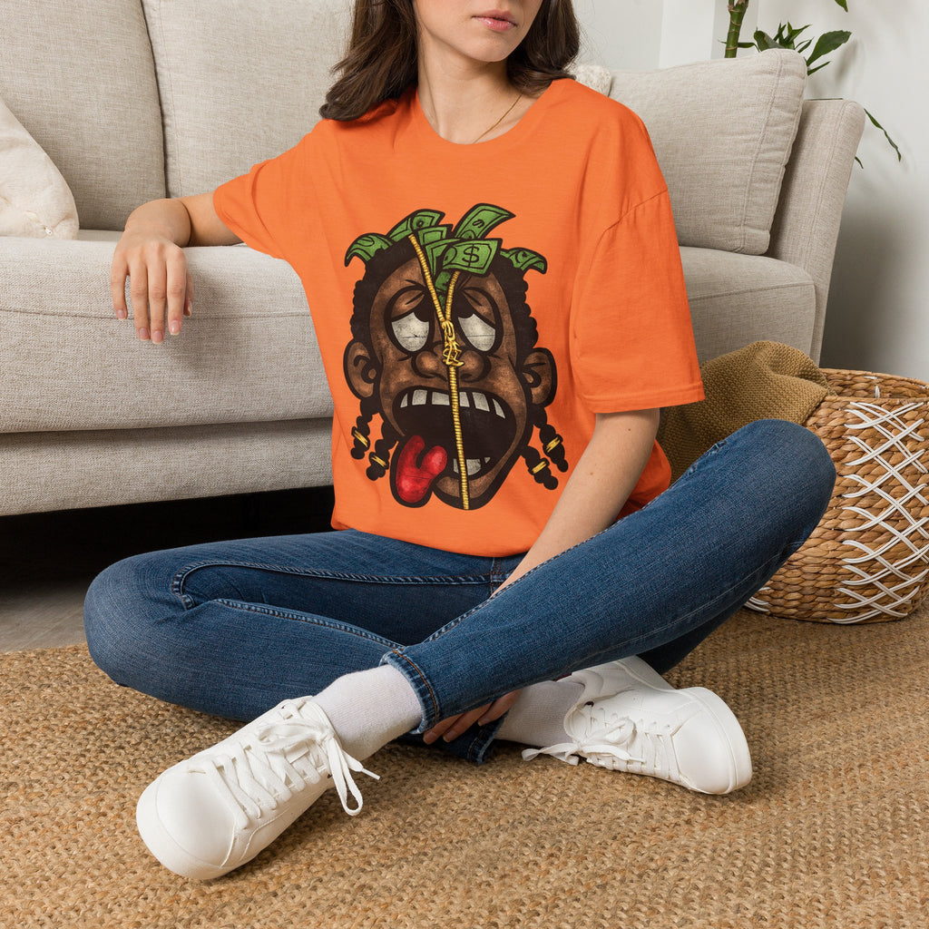 Money Face Graphic T-Shirt | Cartoon Head with Cash and Necklace