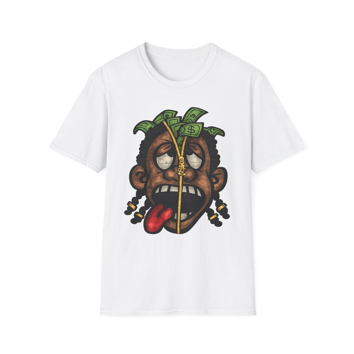 Money Face Graphic T-Shirt | Cartoon Head with Cash and Necklace
