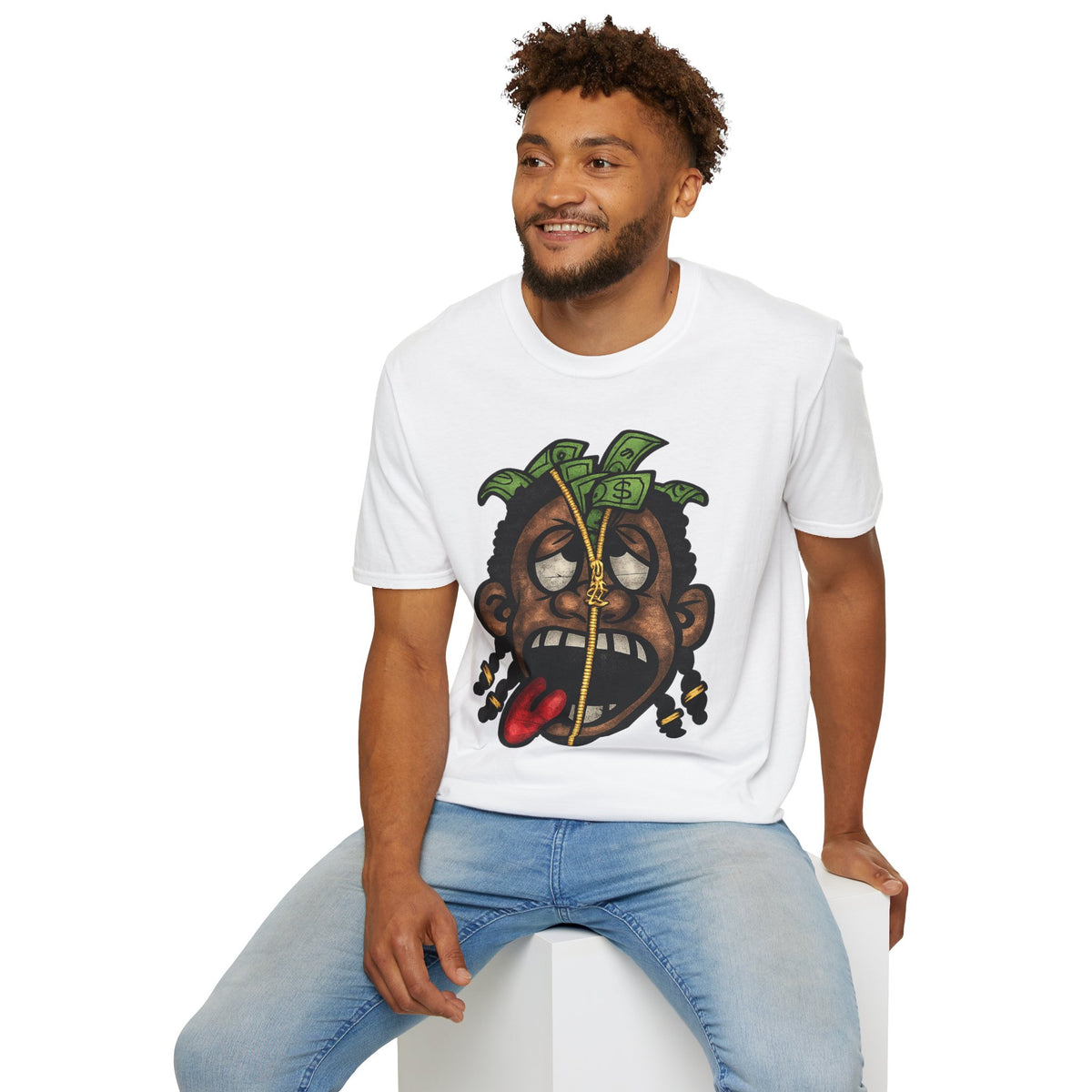 Money Face Graphic T-Shirt | Cartoon Head with Cash and Necklace