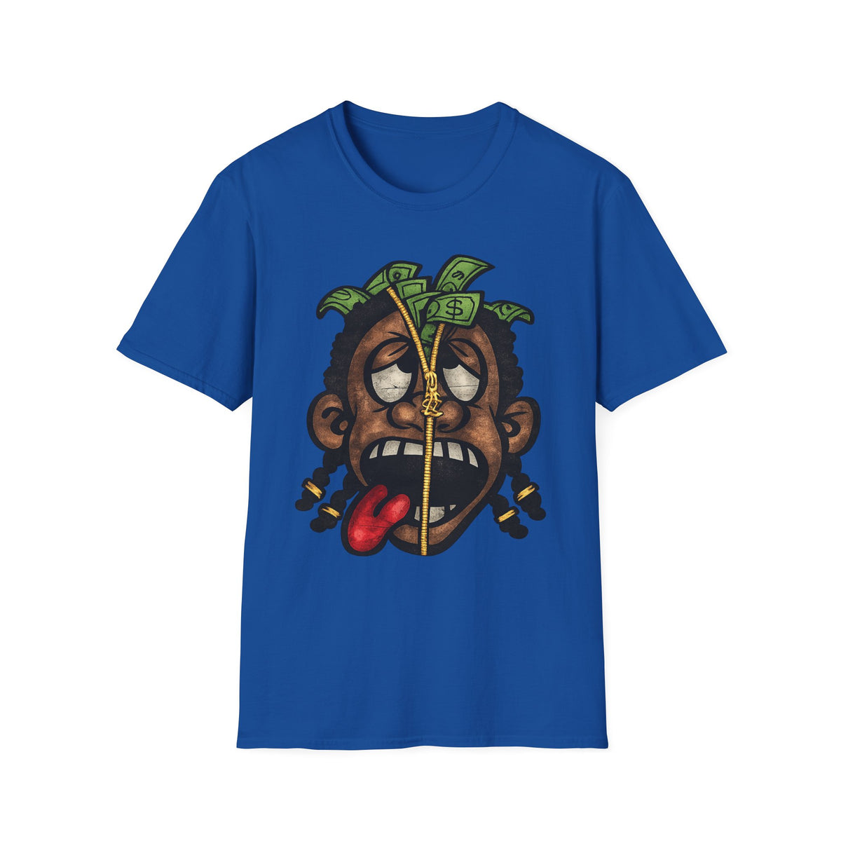 Money Face Graphic T-Shirt | Cartoon Head with Cash and Necklace