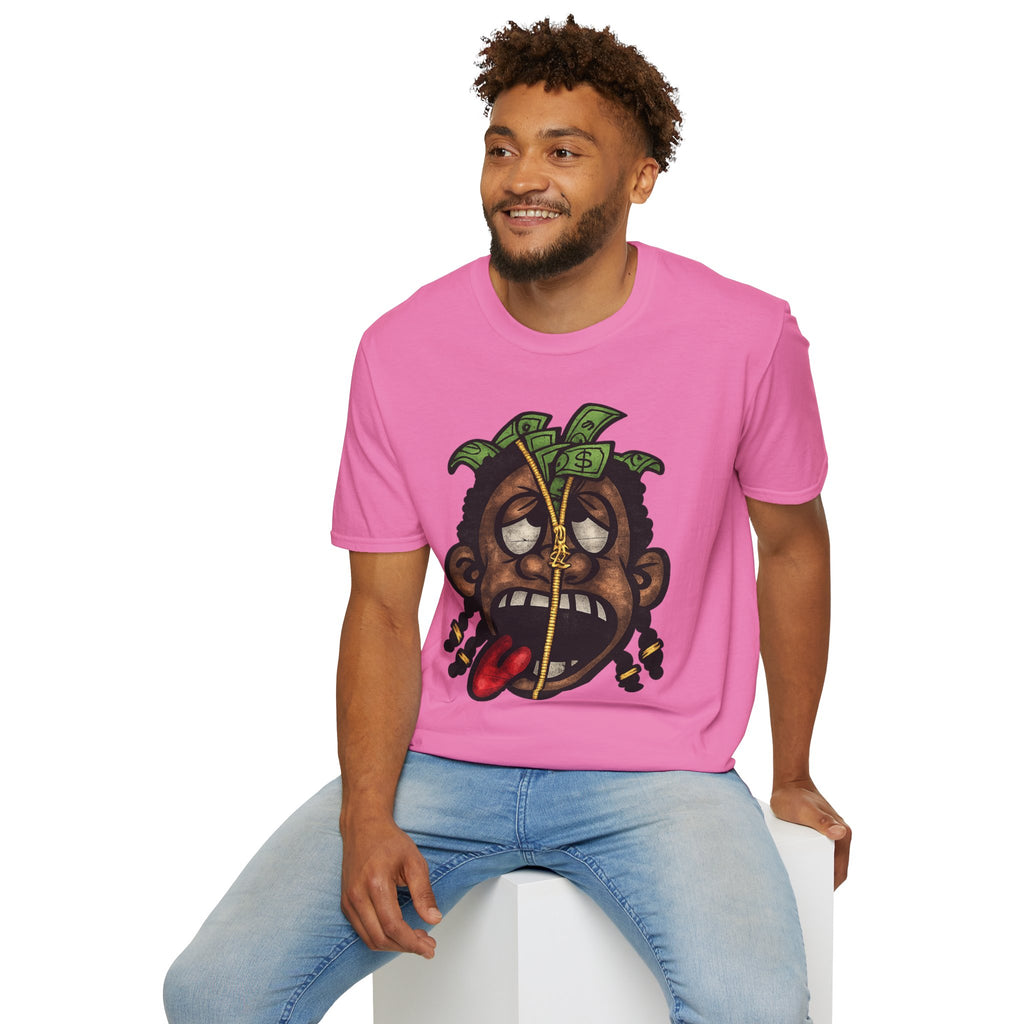 Money Face Graphic T-Shirt | Cartoon Head with Cash and Necklace