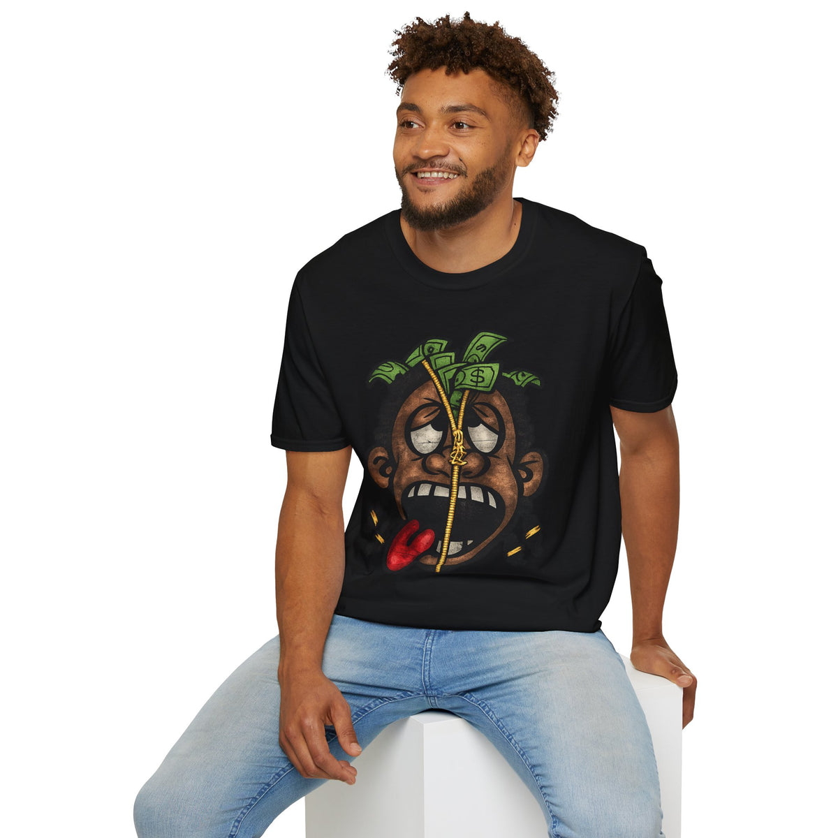 Money Face Graphic T-Shirt | Cartoon Head with Cash and Necklace