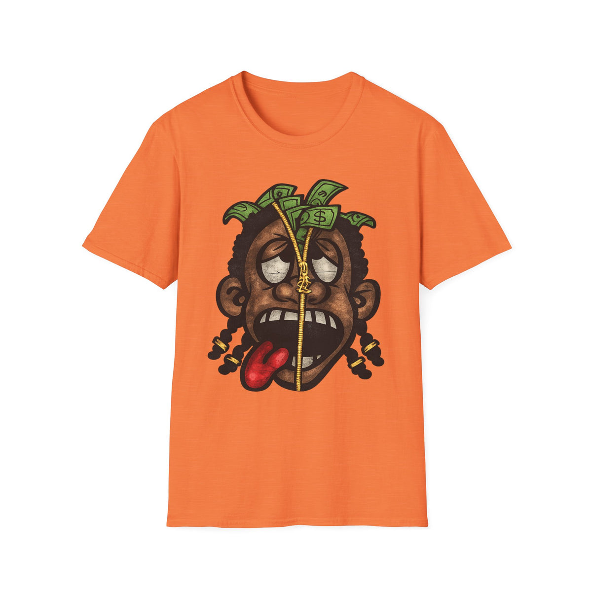 Money Face Graphic T-Shirt | Cartoon Head with Cash and Necklace