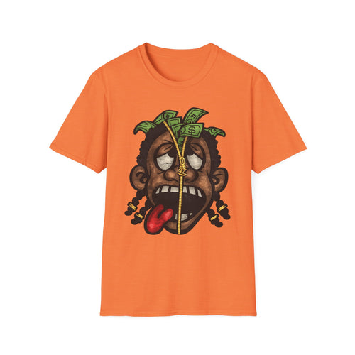 Money Face Graphic T-Shirt | Cartoon Head with Cash and Necklace