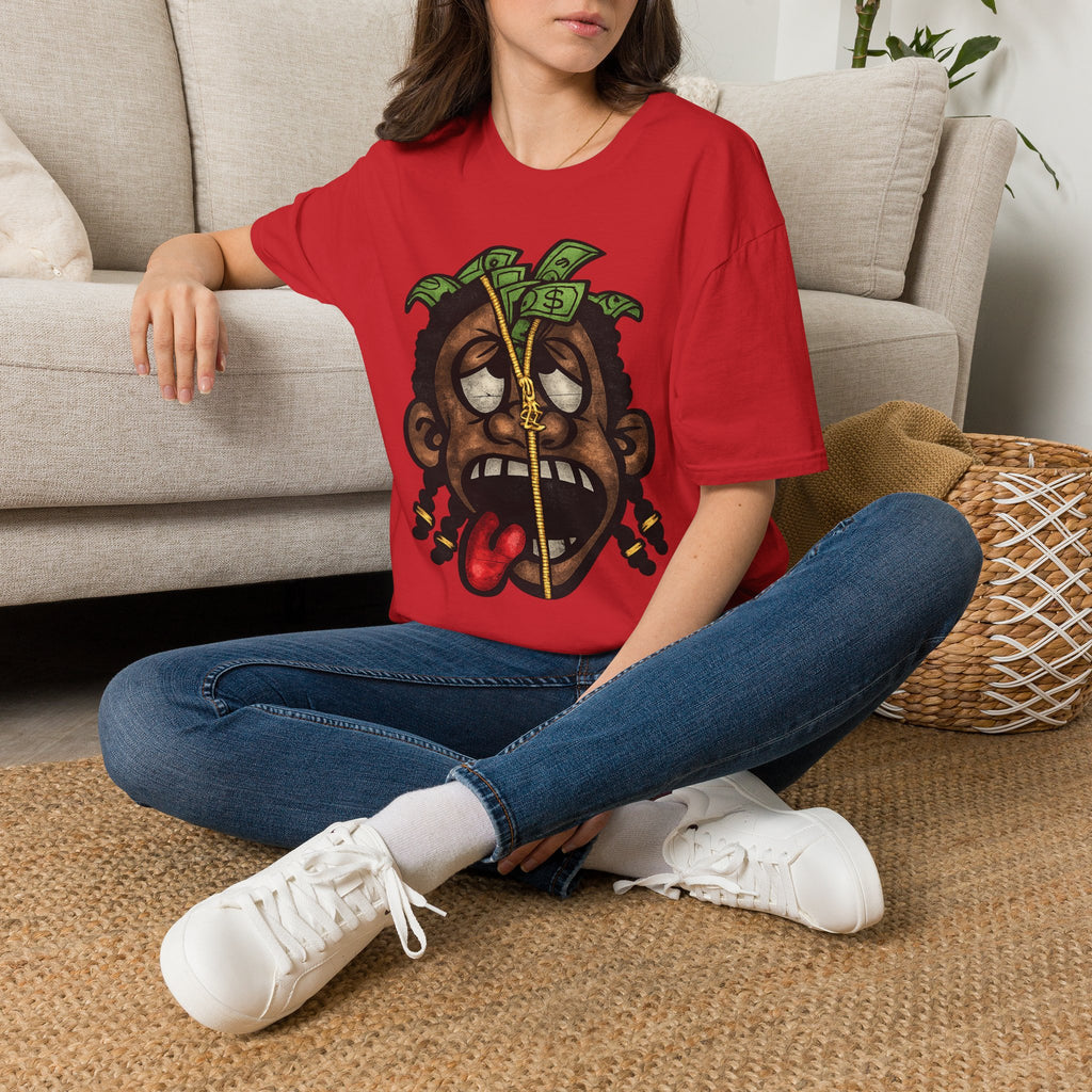 Money Face Graphic T-Shirt | Cartoon Head with Cash and Necklace