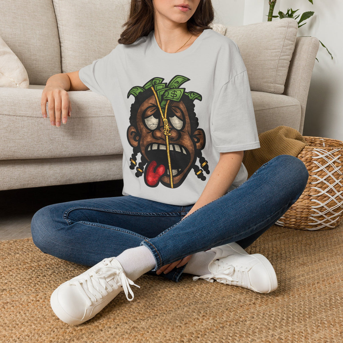 Money Face Graphic T-Shirt | Cartoon Head with Cash and Necklace