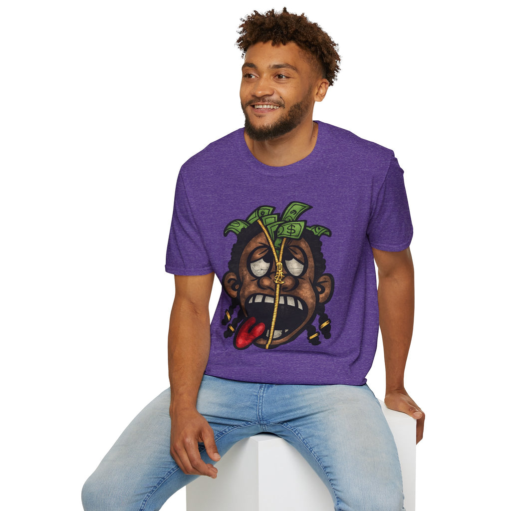 Money Face Graphic T-Shirt | Cartoon Head with Cash and Necklace