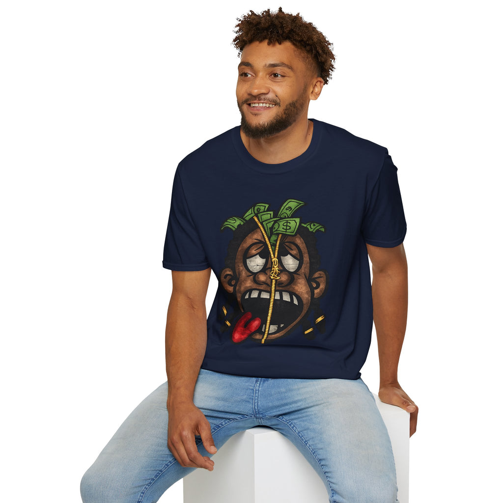 Money Face Graphic T-Shirt | Cartoon Head with Cash and Necklace