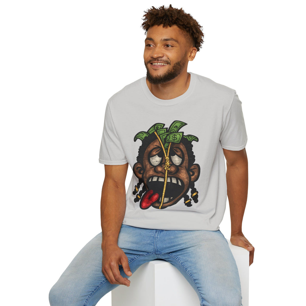 Money Face Graphic T-Shirt | Cartoon Head with Cash and Necklace