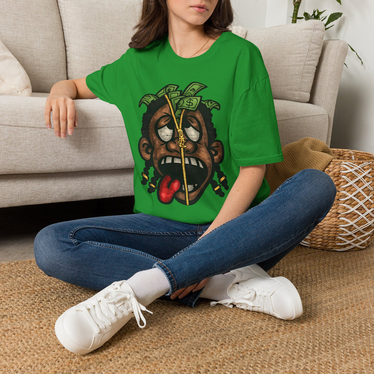 Money Face Graphic T-Shirt | Cartoon Head with Cash and Necklace