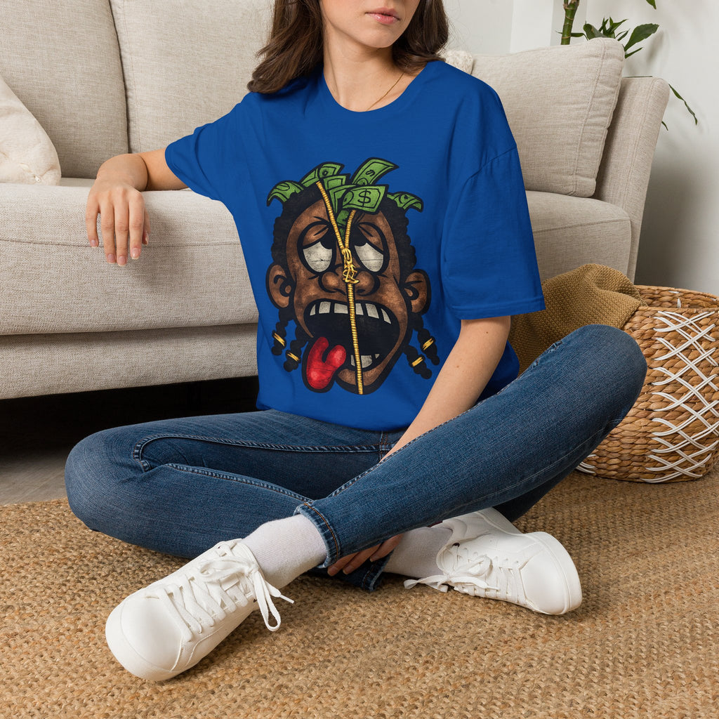 Money Face Graphic T-Shirt | Cartoon Head with Cash and Necklace