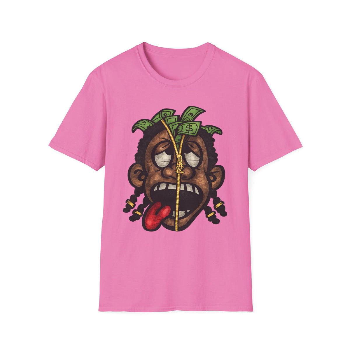 Money Face Graphic T-Shirt | Cartoon Head with Cash and Necklace