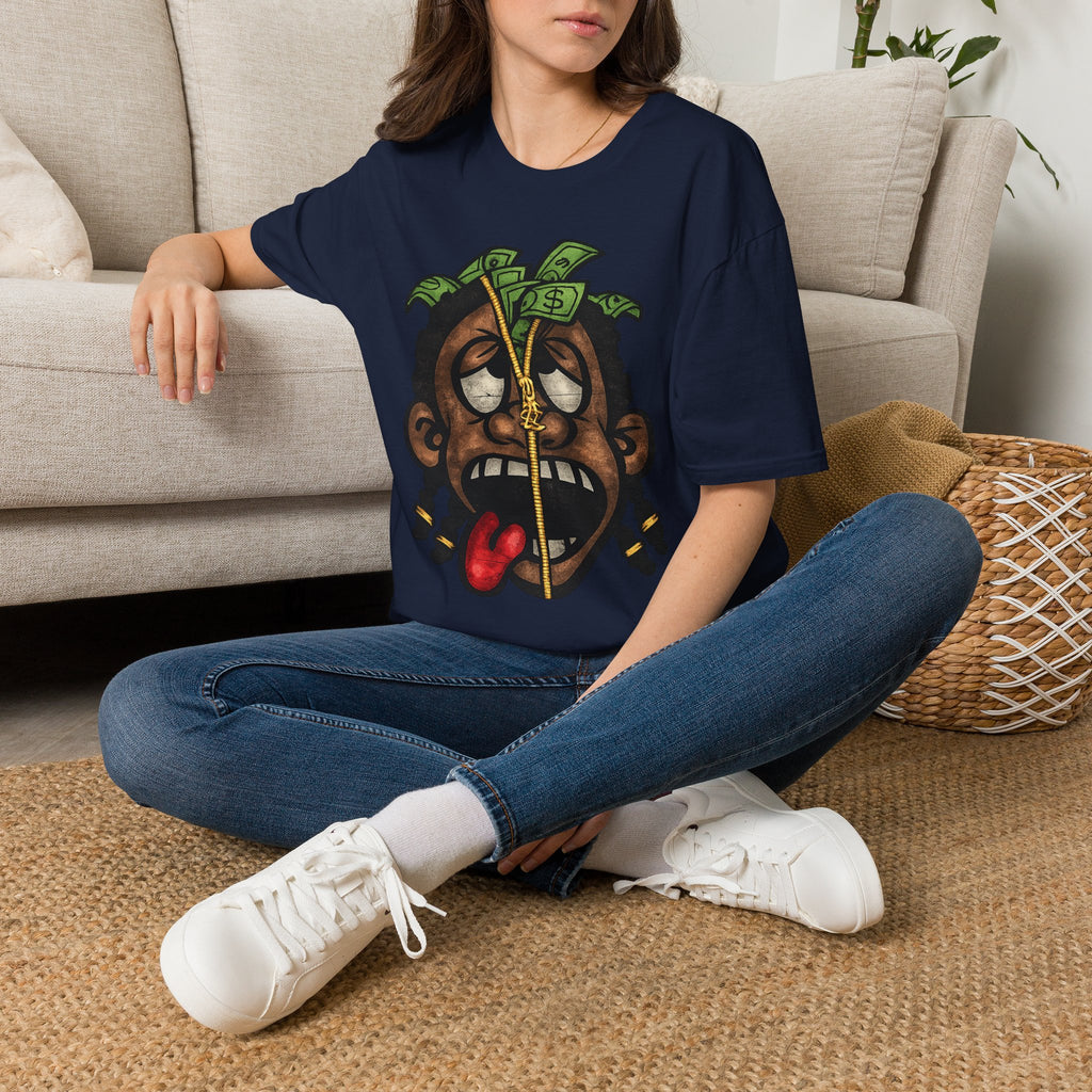 Money Face Graphic T-Shirt | Cartoon Head with Cash and Necklace
