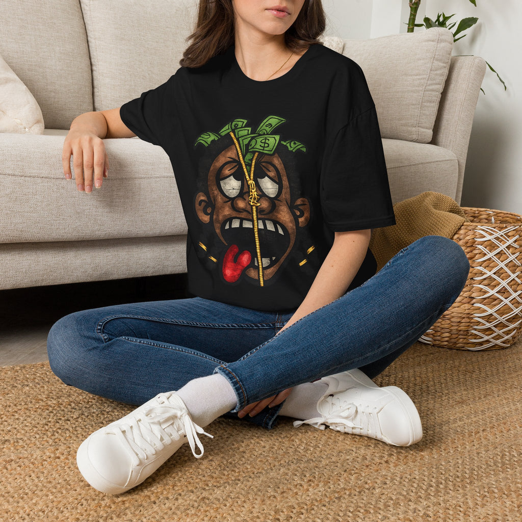 Money Face Graphic T-Shirt | Cartoon Head with Cash and Necklace