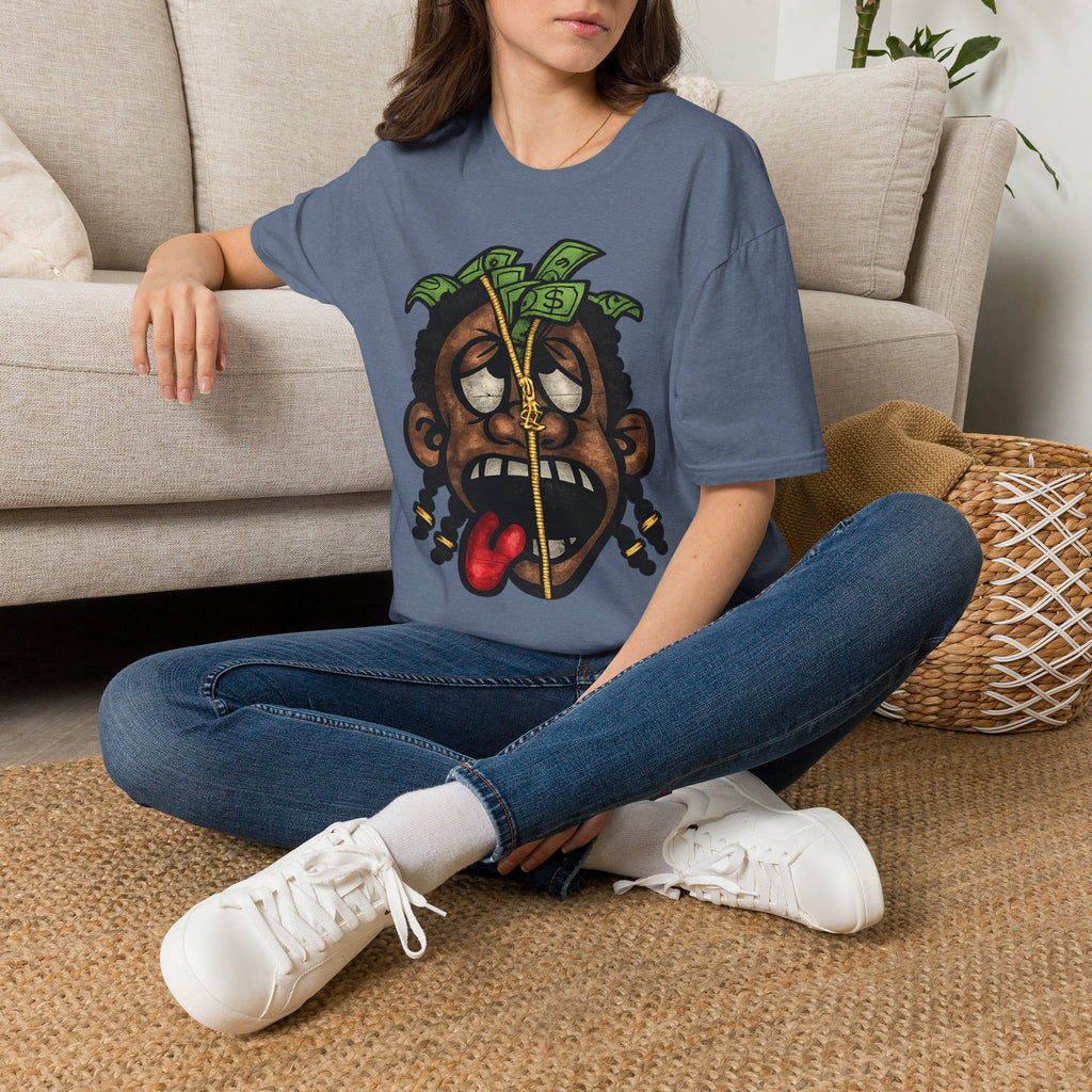 Money Face Graphic T-Shirt | Cartoon Head with Cash and Necklace
