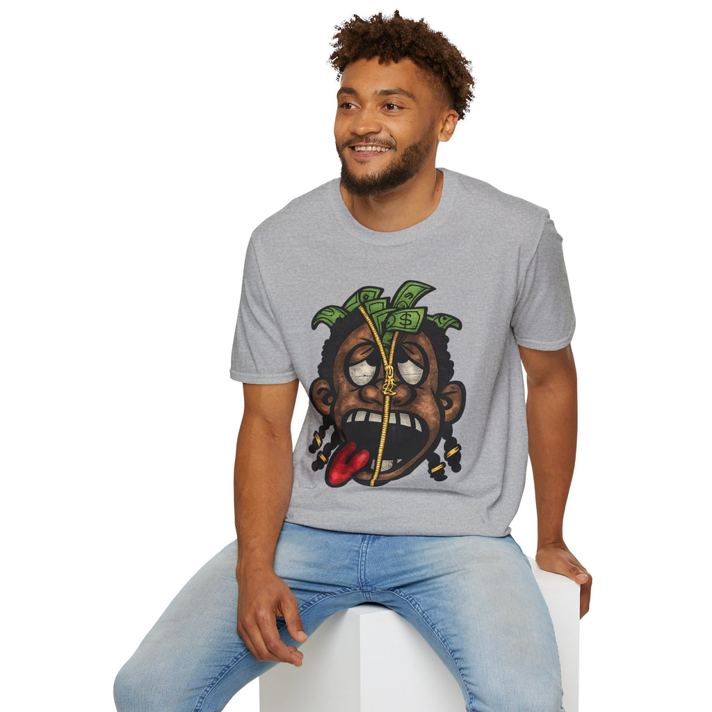 Money Face Graphic T-Shirt | Cartoon Head with Cash and Necklace