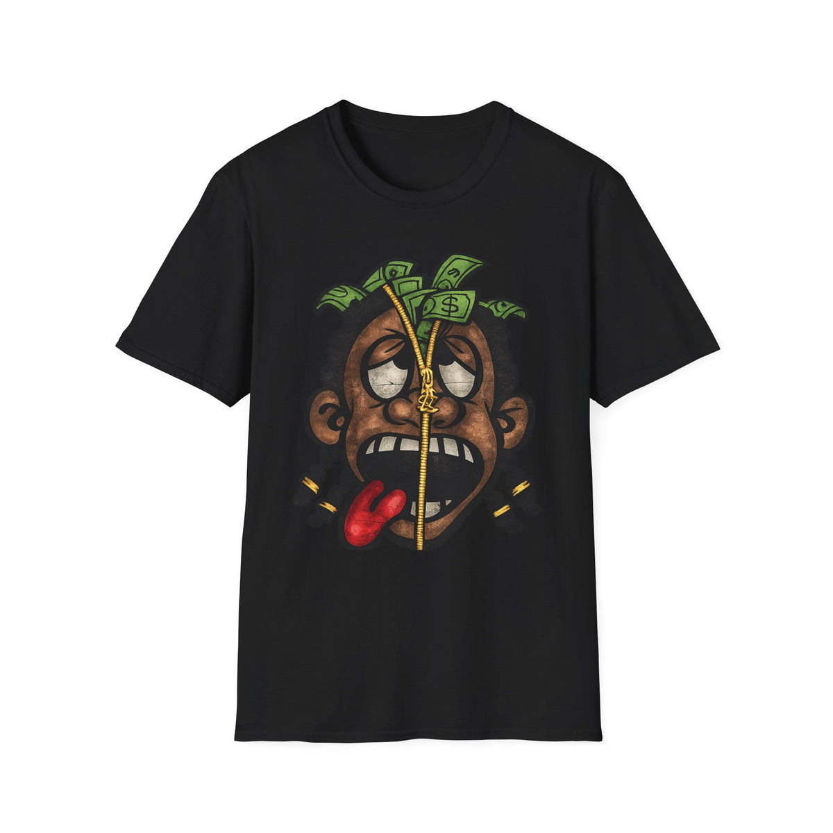 Money Face Graphic T-Shirt | Cartoon Head with Cash and Necklace