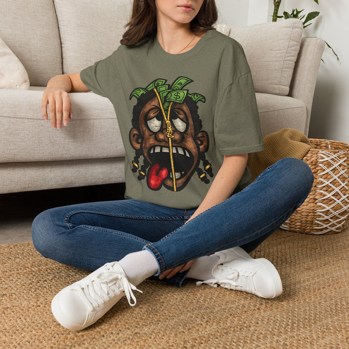Money Face Graphic T-Shirt | Cartoon Head with Cash and Necklace